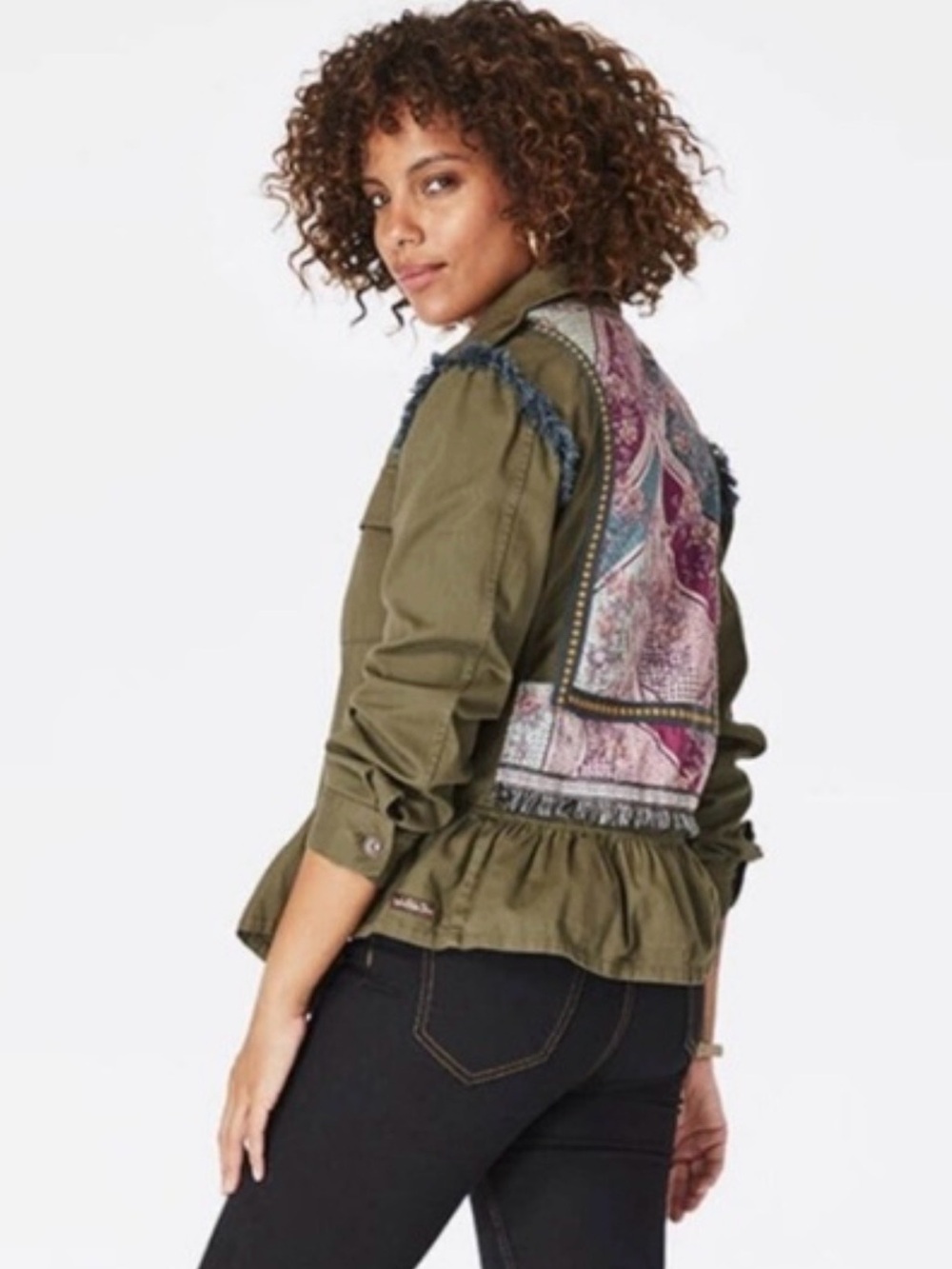 Matilda Jane Utility Jacket Sz XL Army Green Cotton Embroidered Patchwork Fringe